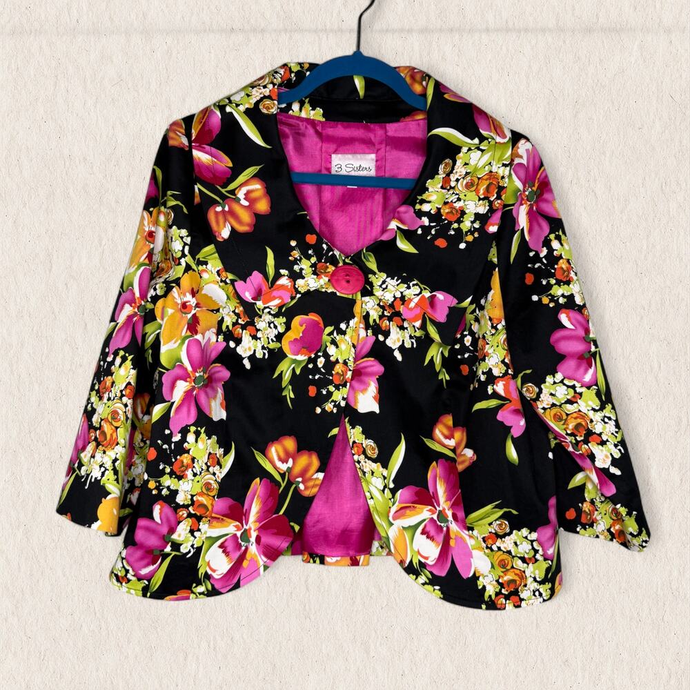 3 Sisters Bold Floral‎ Blazer Jacket Petite Large Black Pink Statement Career PL